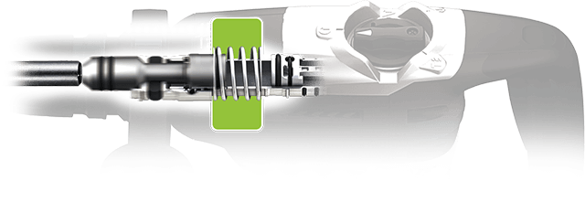 Tekening die afbeeld hoe de dempingsveer om terugslag te dempen werkt