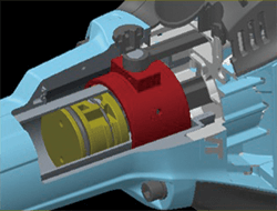 3D doorsnede afbeelding die uitlegt hoe de zuiger (geel) beweegt (voorwaarts) tegenover het contragewicht (rood) (achterwaarts)