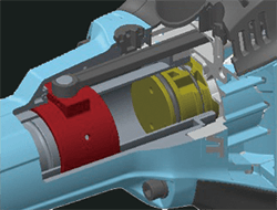 3D doorsnede afbeelding die uitlegt hoe de zuiger (geel) beweegt (achterwaarts) tegenover het contragewicht (rood) (voorwaarts)