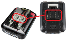 De CXT accu (links) en een accuaansluiting op een machine (rechts), met de focus op de multi-contacten