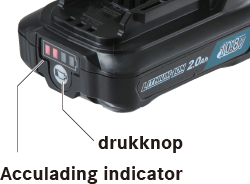 Voorbeeld van een BL-oplader, met focus op de drukknop en de acculading indicator