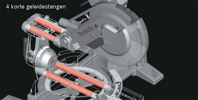 Geleidestangen 3D render van een Makita, met focus op vier rode geleidestangen