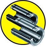 Een tekening van lineaire kogellagers met een ronde, gele achtergrond