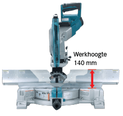 Aanslagen Radiaal afkortzaag van Makita, met focus op de werkhoogte van 140 mm door middel van dubbel openslaande aanslagen