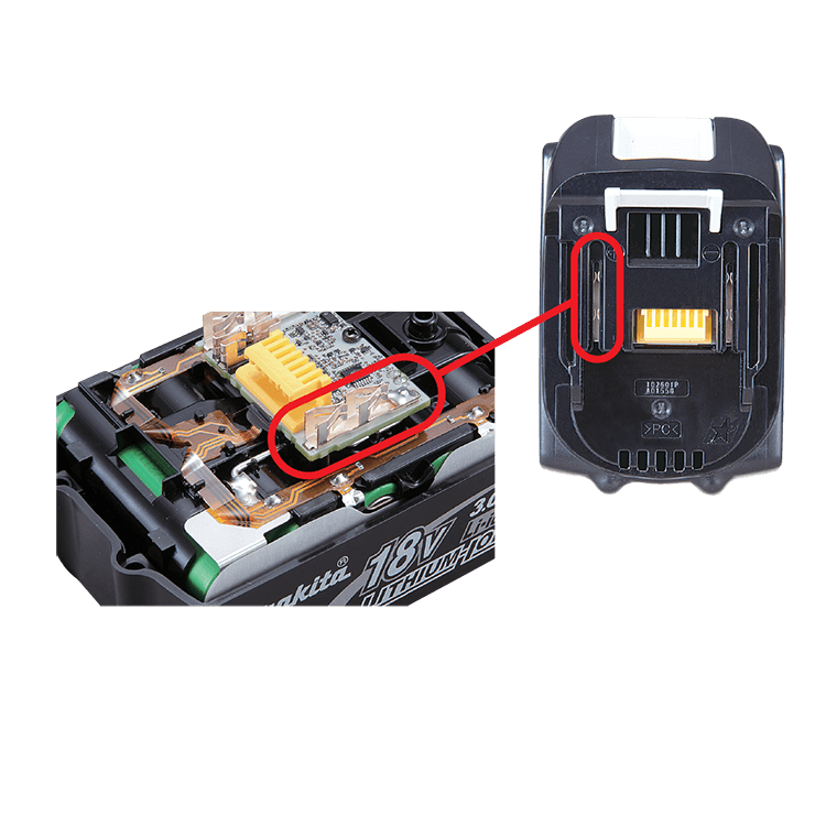 Makita 18 V accu uit elkaar gehaald, afgebeeld met focus op contactpunten