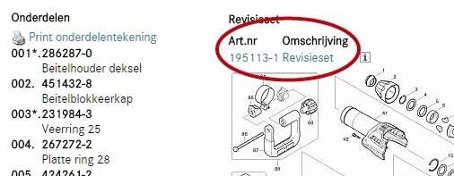 Voorbeeld locatie artikelnummer revisieset op onderdelentekening